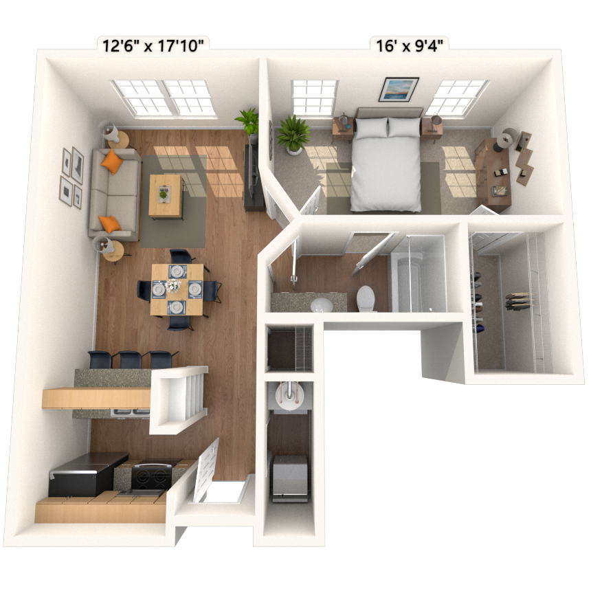 Floor plan for 1 bed, 1 bath, 666 sqft
